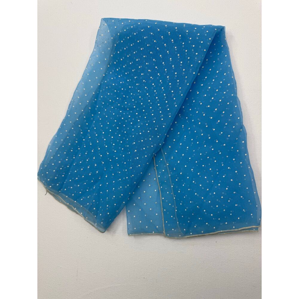 Vintage‎ Sheer Blue Polka Dot Scarf – Hand-Stitched Name Tag – 20” x 20”